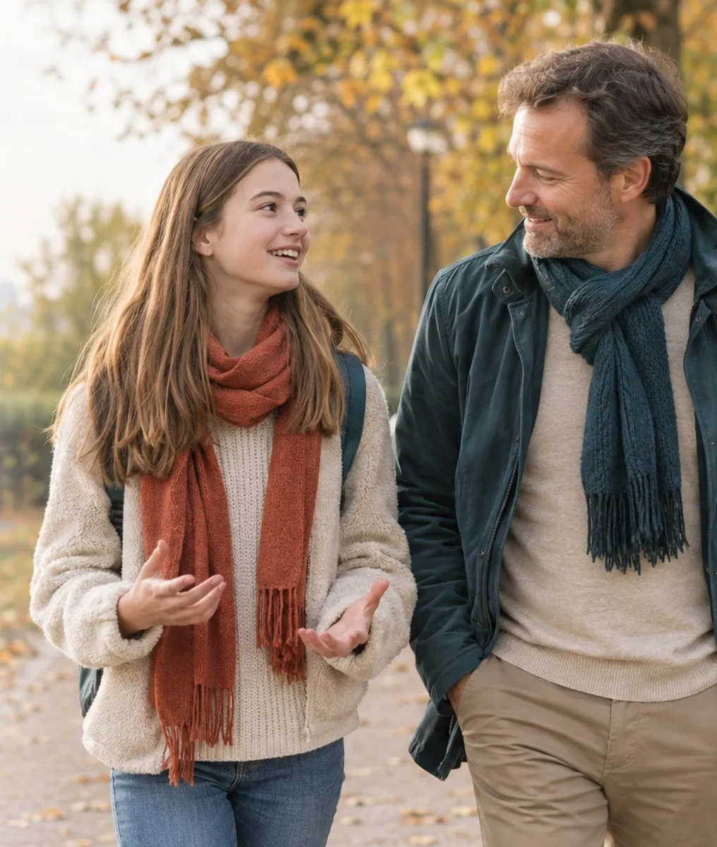 Vater und Tochter im Gespräch bei einem Herbstspaziergang