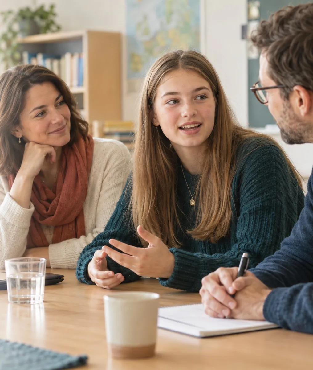 Mutter, Jugendliche und Lehrkraft im gemeinsamen Gespräch am Tisch
