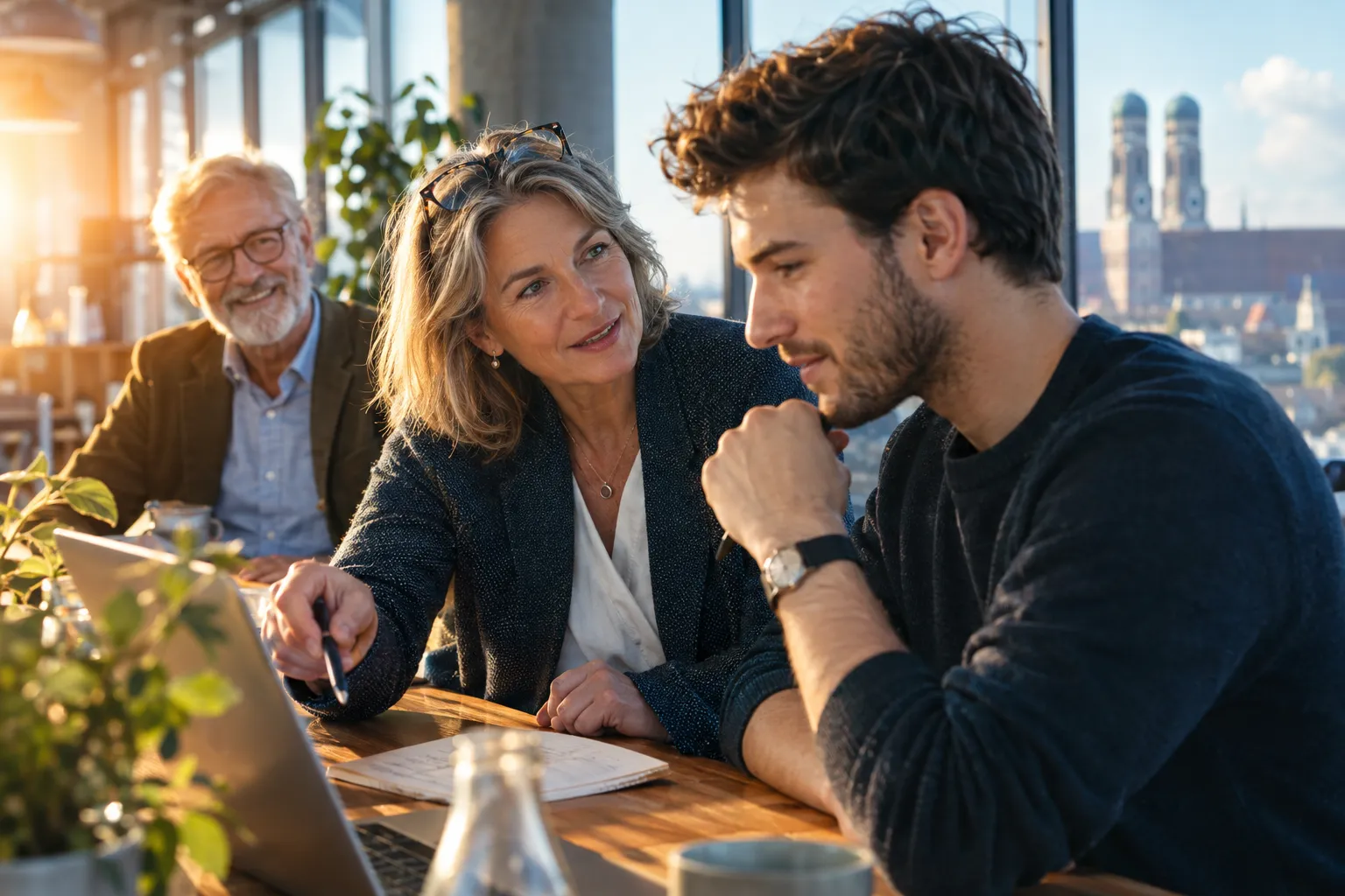 Drei Generationen im Gespräch in einem hellen, modernen Arbeitsraum