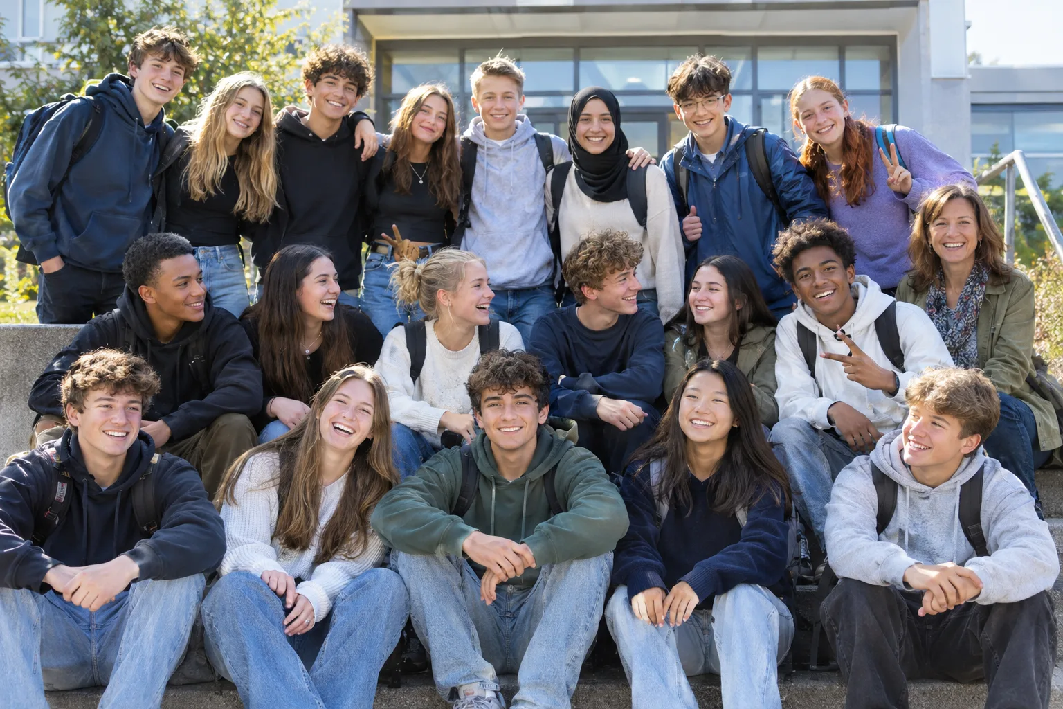 Klassenfoto: eine fröhliche Schulklasse mit ihrer Lehrerin auf den Stufen vor dem Schulgebäude