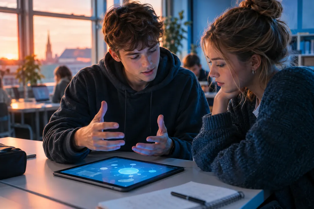 Zwei Jugendliche arbeiten gemeinsam an einem Tablet mit einer leuchtend blauen Lernoberfläche