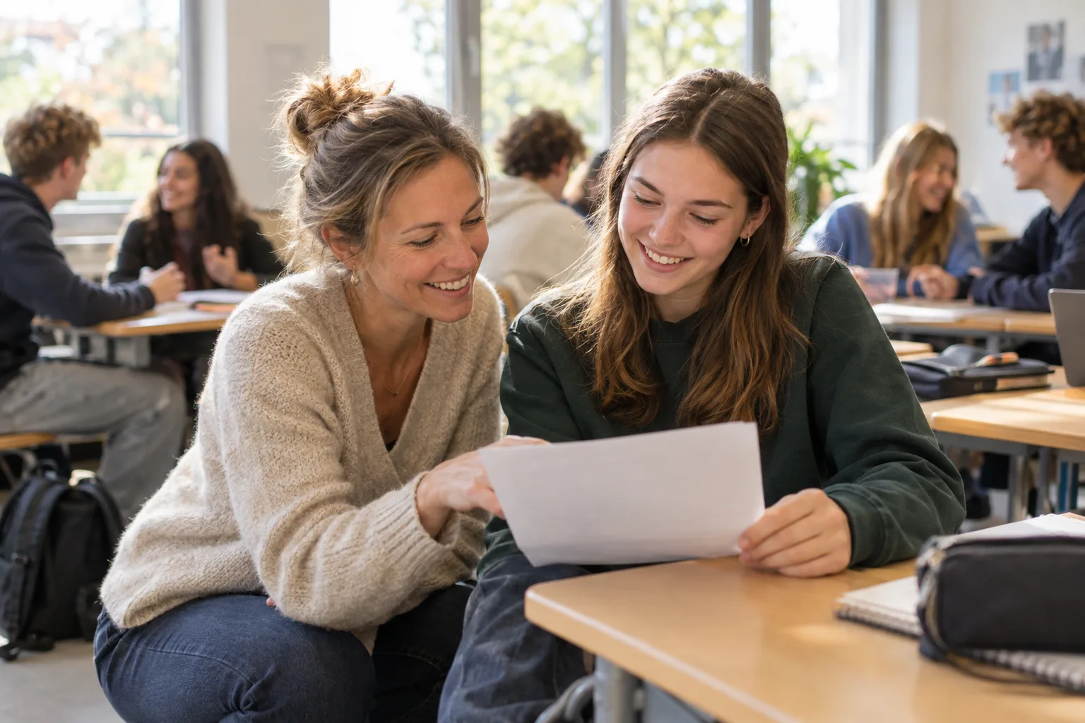 Eine Lehrerin hockt neben dem Tisch einer Schülerin, beide schauen lachend auf ein Blatt, im Hintergrund arbeiten Jugendliche in Gruppen
