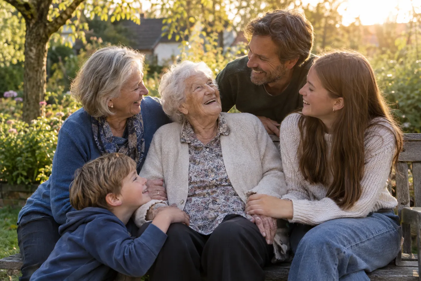 Fünf Generationen einer Familie sitzen lachend zusammen auf einer Gartenbank: Urgroßmutter, Großmutter, Vater, Tochter und ein kleiner Junge
