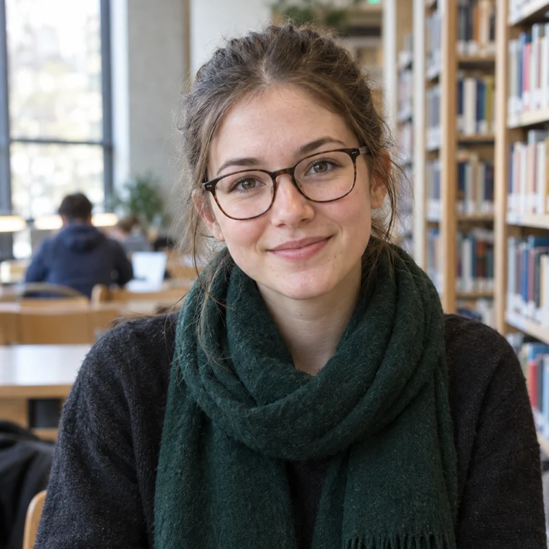 Porträt von Mira, junge Frau mit Brille in einer Bibliothek