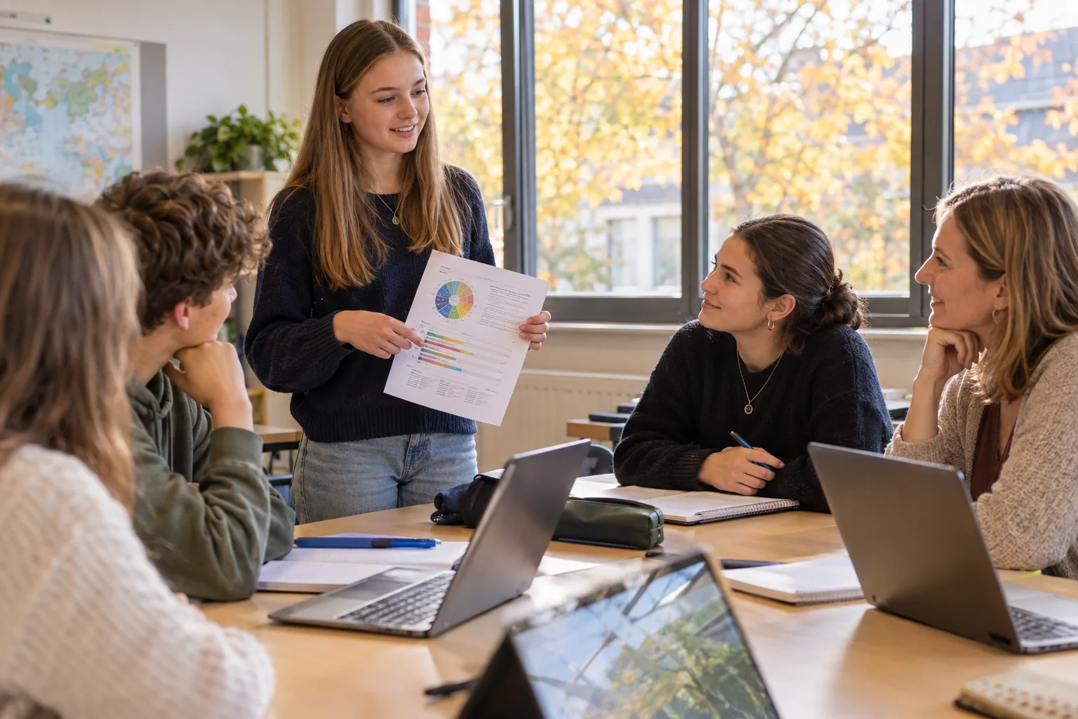 Eine Schülerin stellt ihr Motivprofil vor, Mitschülerinnen, Mitschüler und eine Lehrerin hören aufmerksam zu