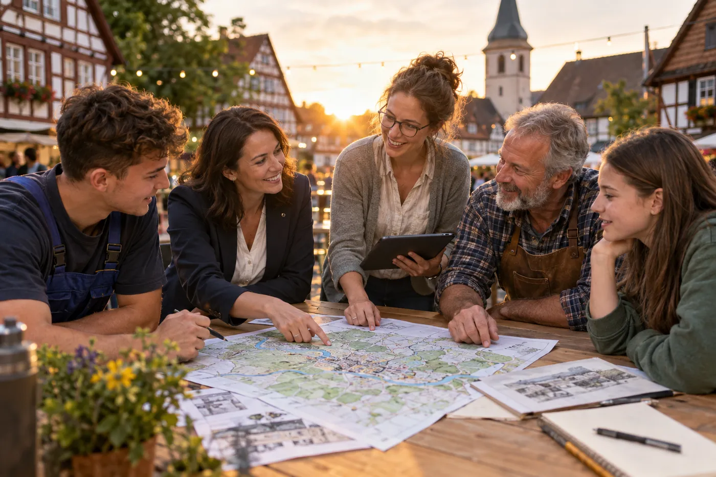 Menschen aus Handwerk, Wirtschaft, Schule und Ausbildung planen auf dem Marktplatz gemeinsam an einer Karte ihrer Region