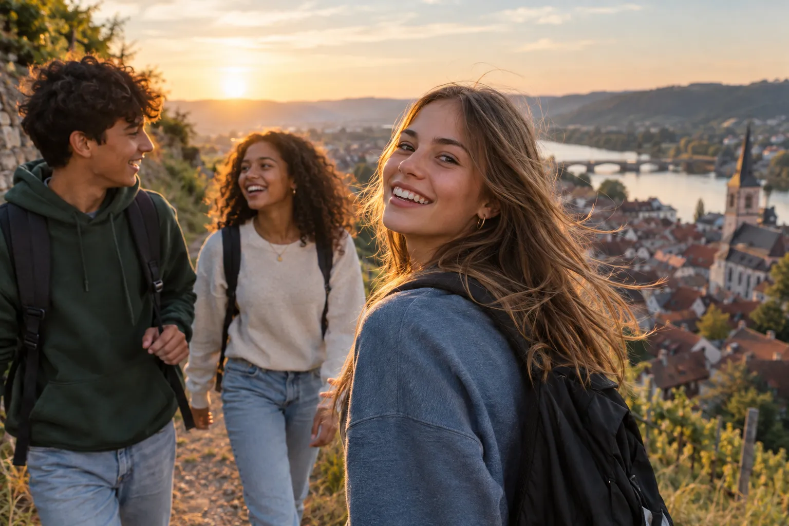 Zwei Jugendliche wandern lachend bei Sonnenuntergang über einem Hügel oberhalb einer Kleinstadt, ein Mädchen lächelt in die Kamera