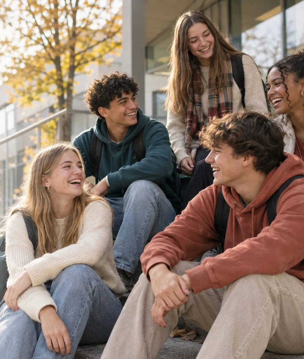 Gruppe von Jugendlichen sitzt lachend auf einer Treppe vor dem Schulgebäude