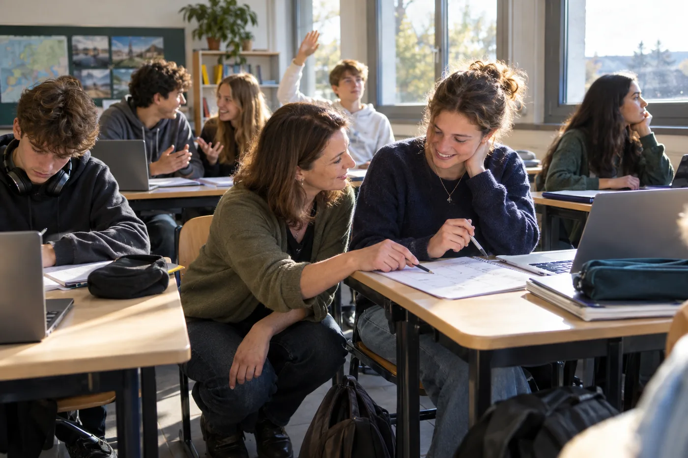 Lehrerin kniet in einer neunten Klasse neben einer Schülerin und erklärt ihr ein Arbeitsblatt, um sie herum arbeiten, diskutieren und melden sich weitere Jugendliche