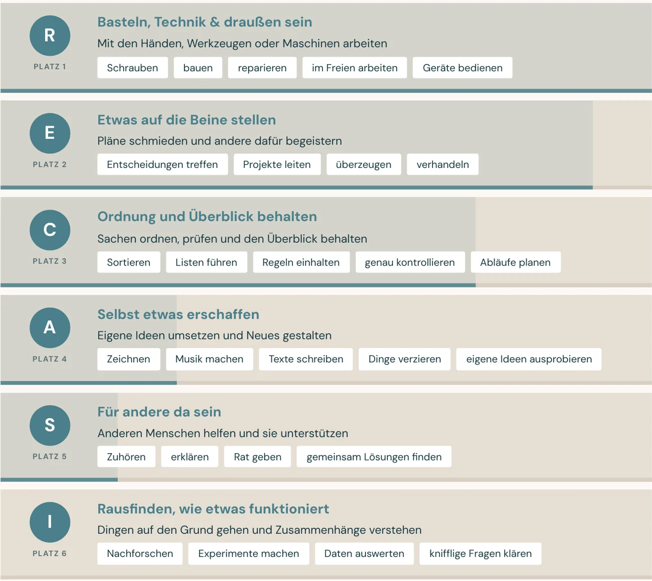 Originale RIASEC-Auswertung aus dem MSA® Fokus-Report Berufsorientierung mit Musterdaten: sechs Interessenbereiche von Platz 1 bis Platz 6