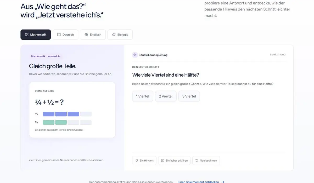 Original-Screenshot von studki.com: Erklären in Fächern: Mathematik, Deutsch, Englisch, Biologie