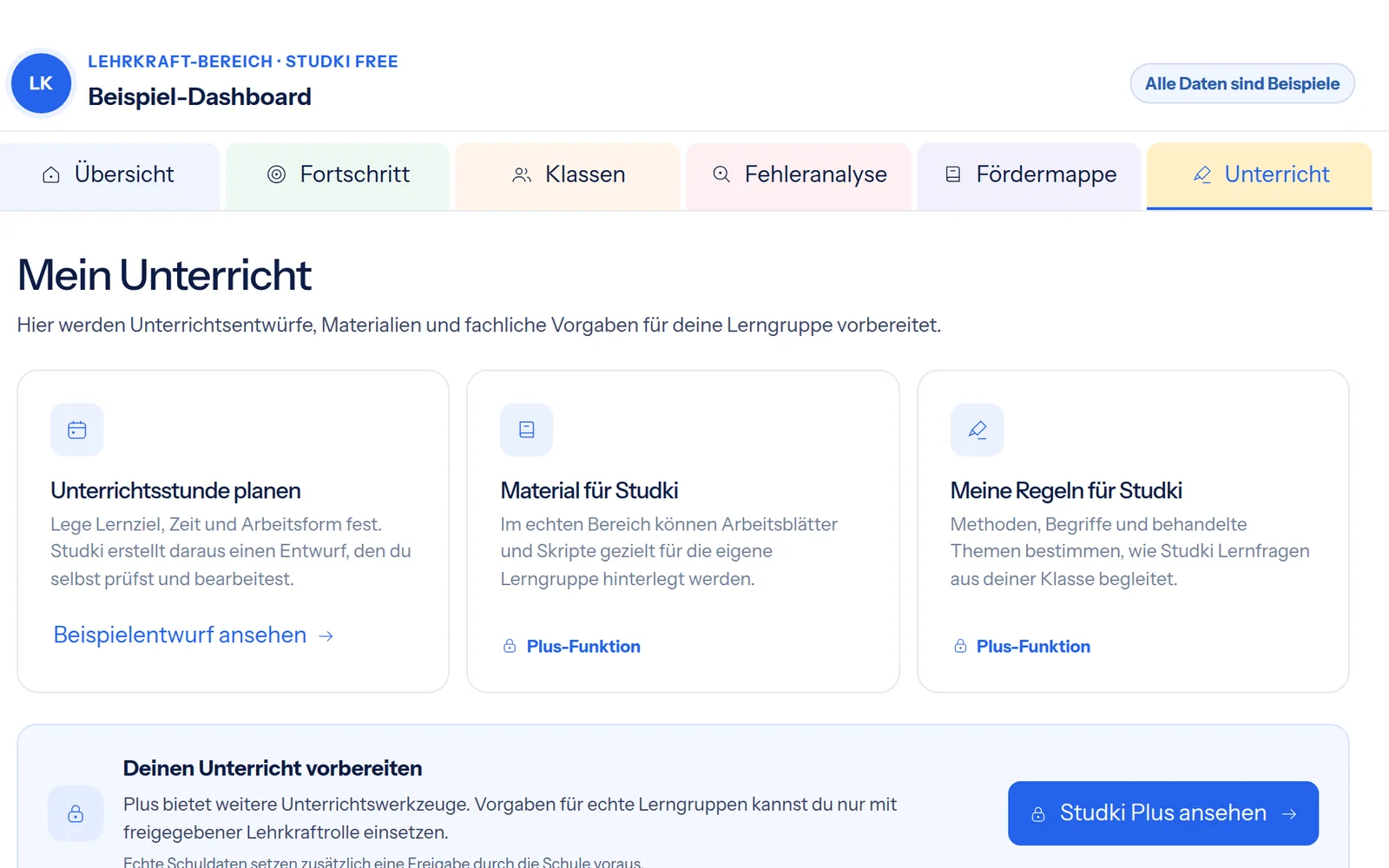 Original-Ansicht des Studki-Bereichs Mein Unterricht mit Unterrichtsstunde planen, Material und eigenen Regeln