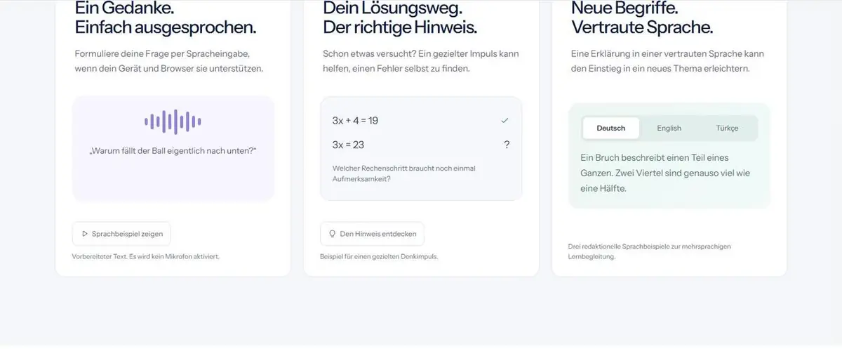 Original-Screenshot von studki.com: Per Sprache fragen, Lösungswege prüfen, Begriffe übersetzen