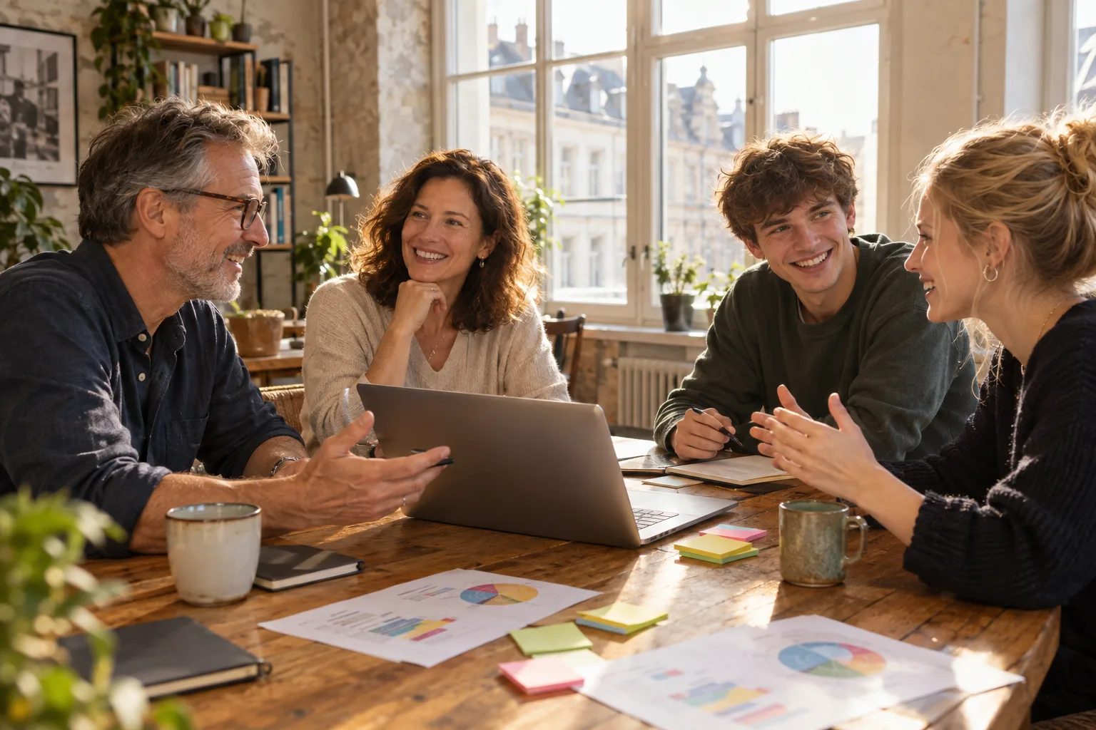 Ein Team aus erfahrenen Fachleuten und jungen Gründern arbeitet lachend an einem großen Holztisch mit Laptop und Motivprofilen