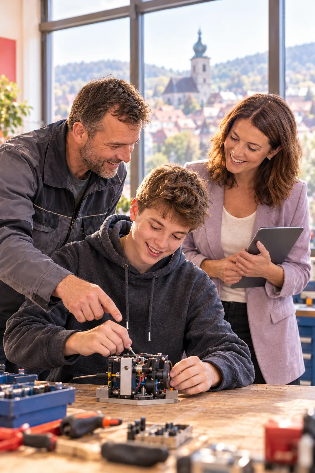 Jugendlicher arbeitet in einer Ausbildungswerkstatt an einem technischen Projekt, begleitet von einem Ausbilder und einer Lehrkraft; im Hintergrund eine Kleinstadt