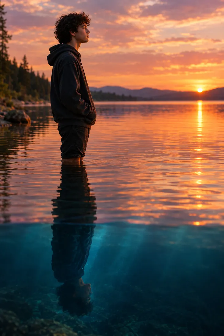 Ein junger Mensch steht bei Sonnenuntergang im ruhigen See, unter der Wasseroberfläche spiegelt sich die Gestalt in tiefem Blau